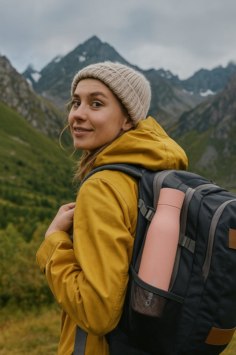 Vrouw met rugzak en roze ClearSip waterfles tijdens hike in de bergen, betrouwbare zelfreinigende drinkfles voor avontuurlijke outdooractiviteiten