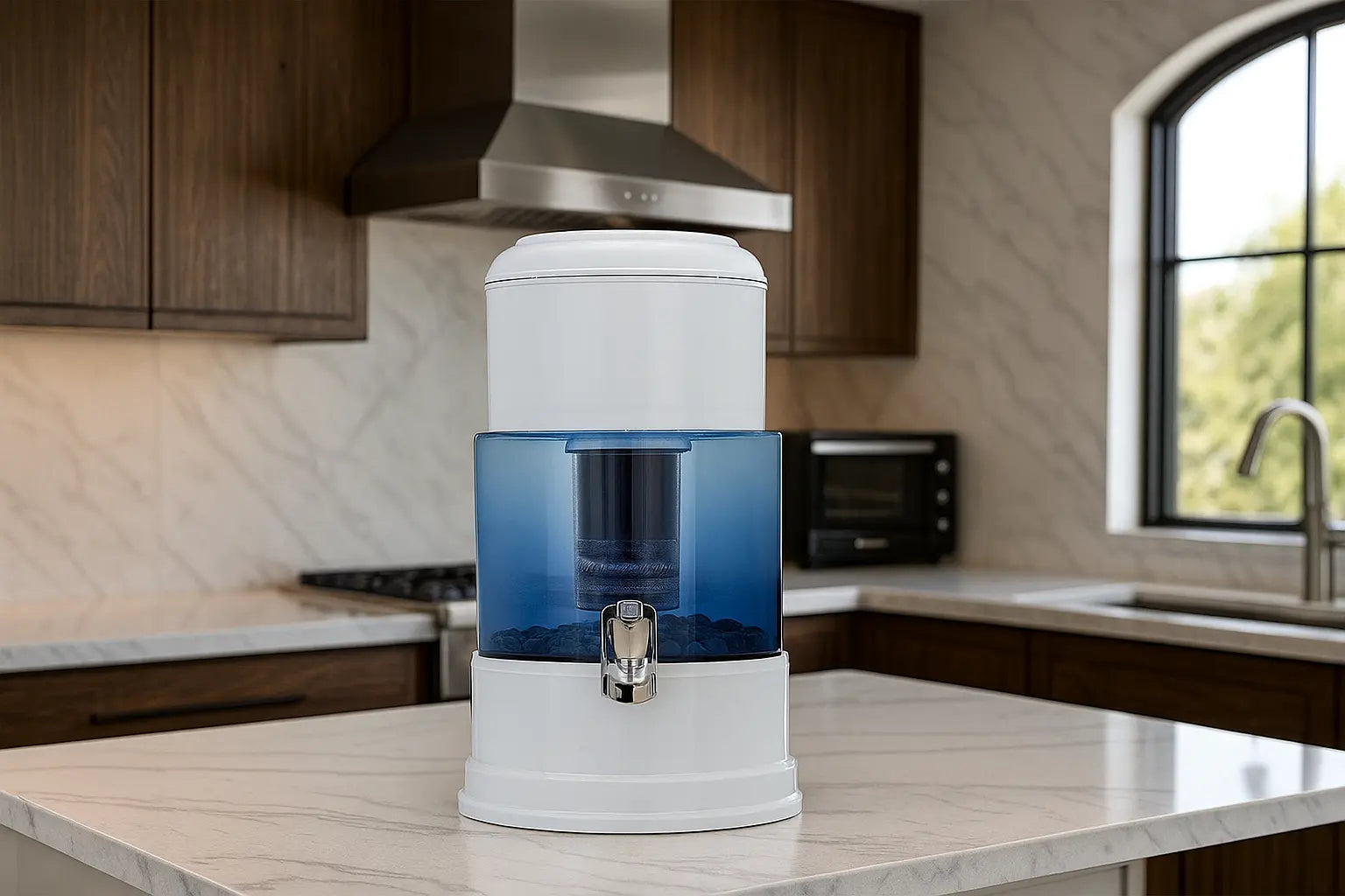 Aqualine waterfilter op een keukentoonbank – duurzame oplossing voor smaakvoller en zachter drinkwater voor gezinnen