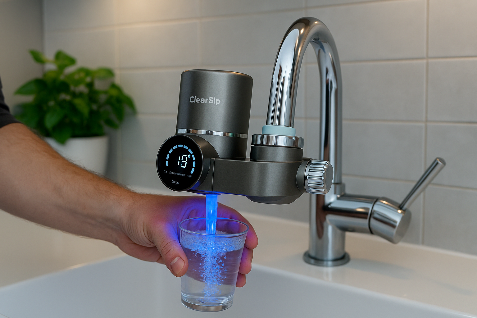 Kraanfilter van ClearSip in gebruik als duurzaam alternatief voor plastic flessenwater