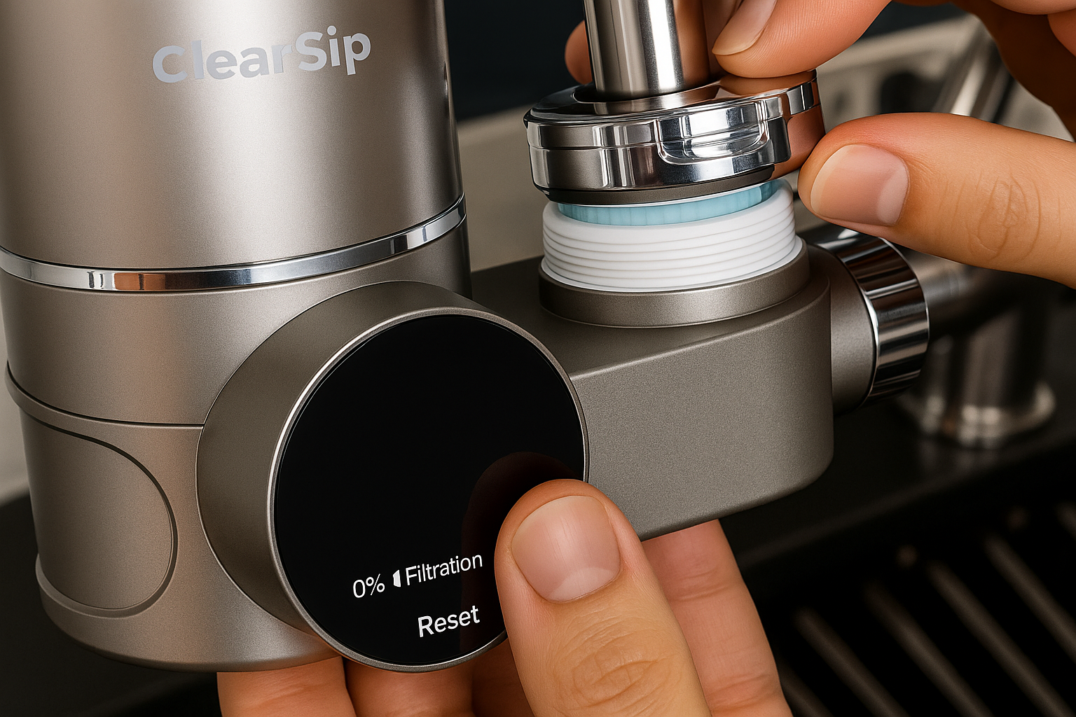 Close-up van installatie van ClearSip UV kraanfilter met LED-display en adapter op keukenkraan