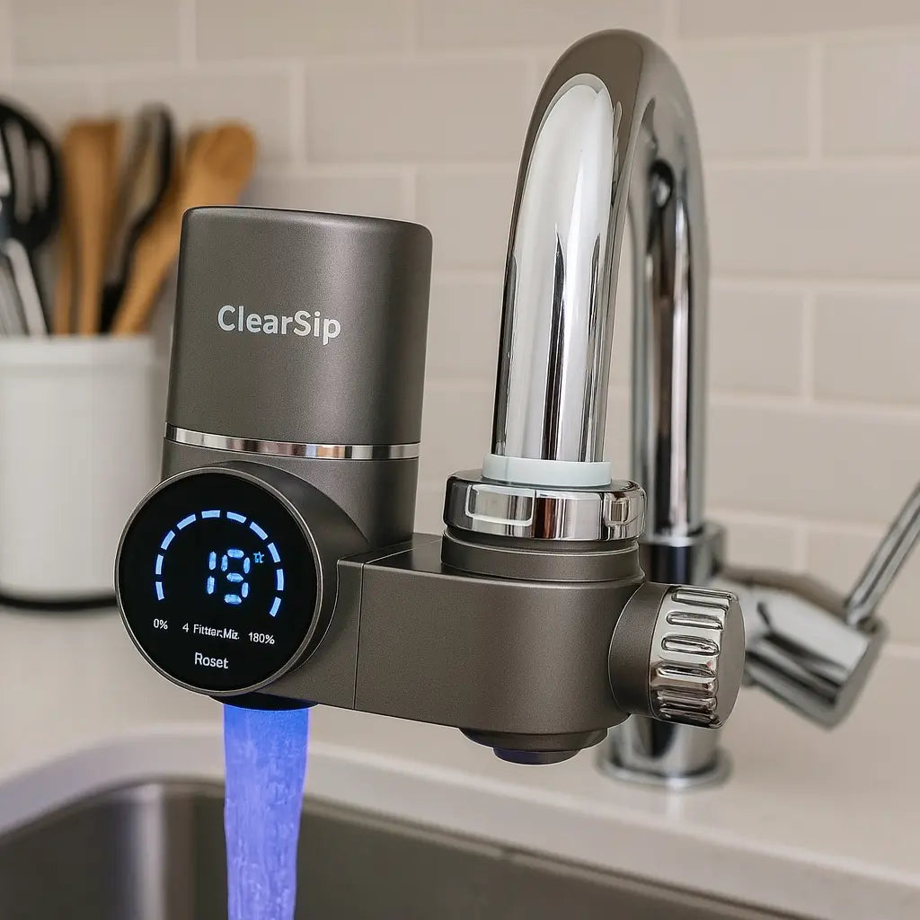 ClearSip kraanfilter op keukenkraan met stromend water als deel van zuiver water deals voor schoon drinkwater thuis