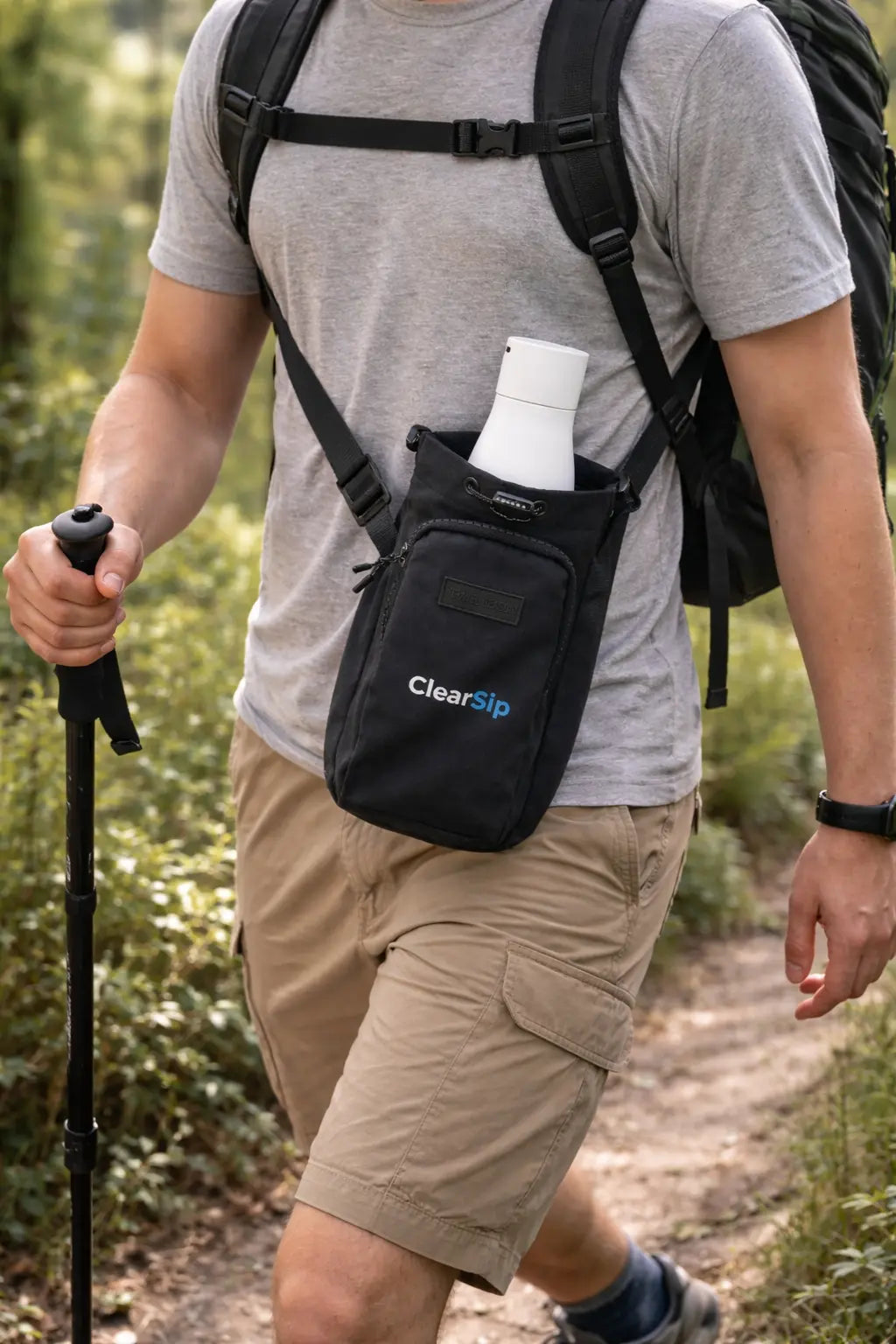 Man draagt zwart ClearSip schoudertasje met waterfles tijdens het hiken, handsfree crossbody over T-shirt en rugzak