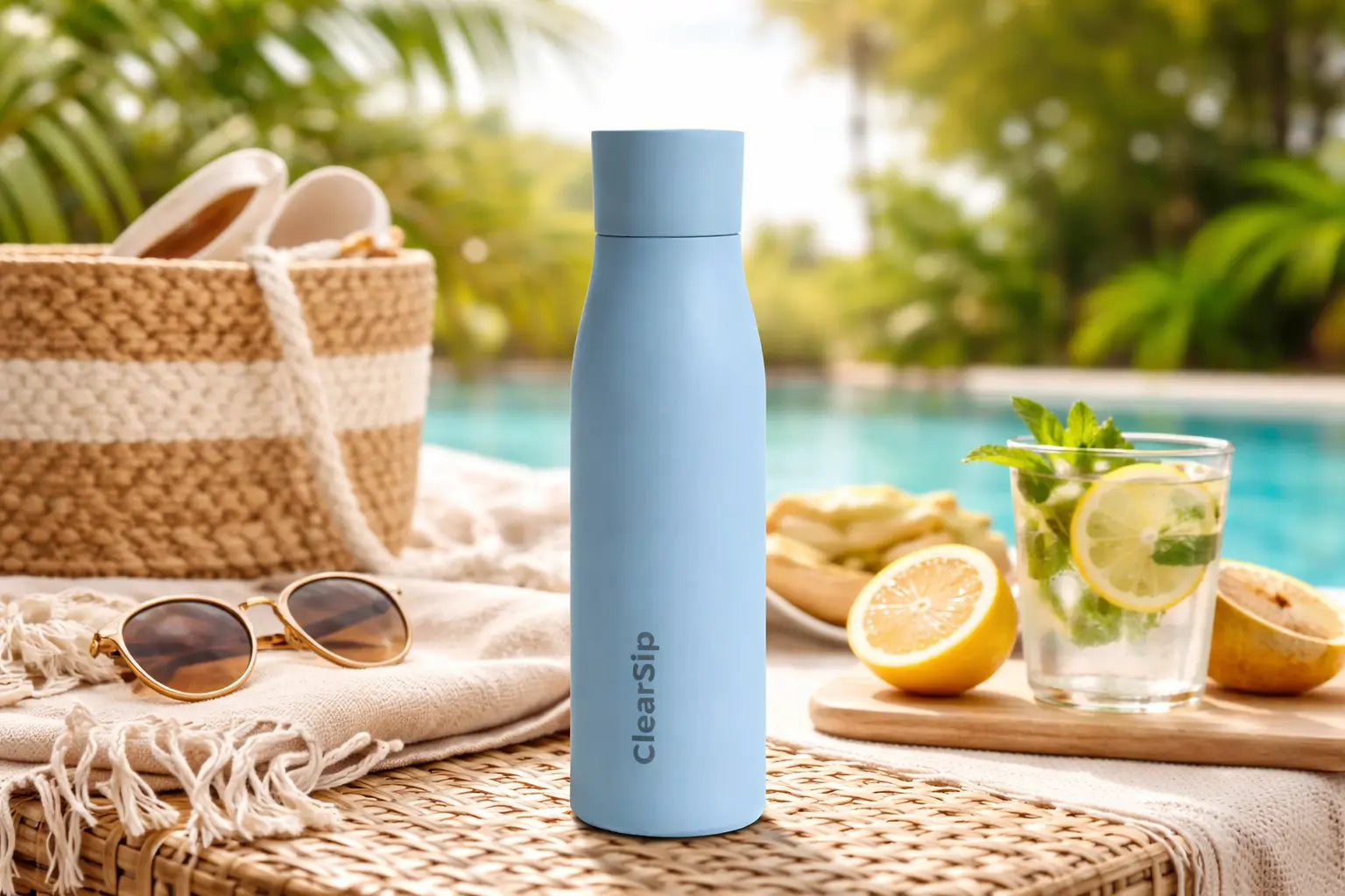 Clearsip slimme UV-C waterfles in lichtblauw, BPA-vrij, naast glas citroenwater en zonnebril – outdoor zomersfeer bij reviewsectie.