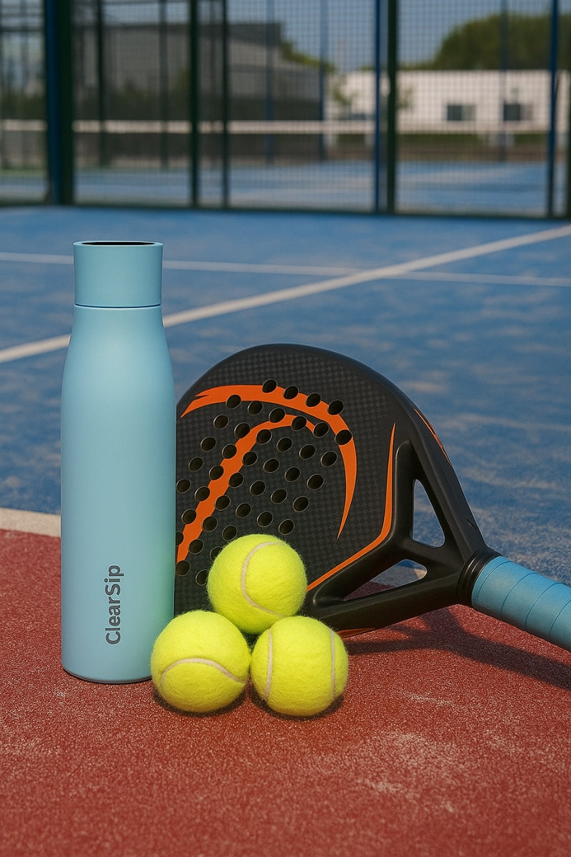 ClearSip slimme UV-C zelfreinigende waterfles pastelblauw op tennisbaan naast tennisracket en ballen – met drinkherinnering en temperatuurdisplay