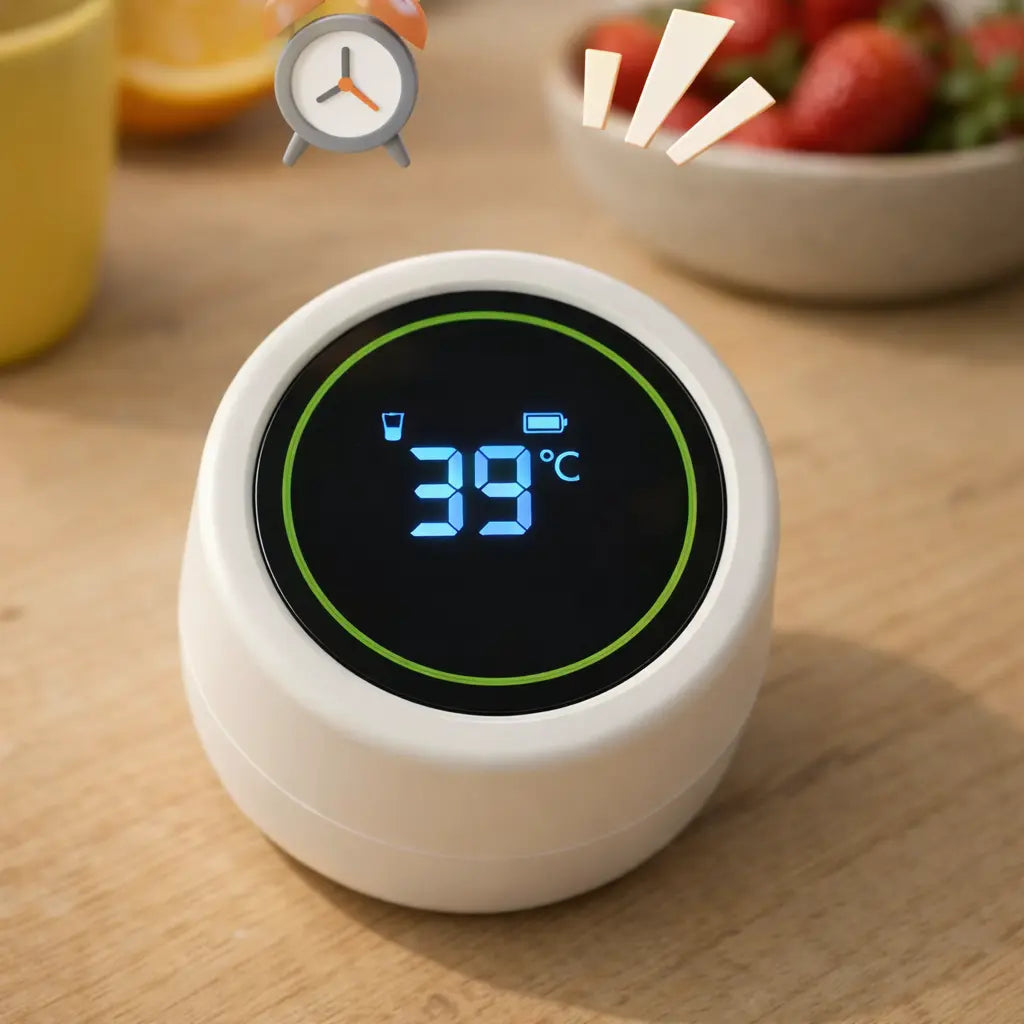 Close-up van het slimme display van de ClearSip waterfles met temperatuurweergave en geïntegreerde drinkherinnering, ideaal voor optimale hydratatie