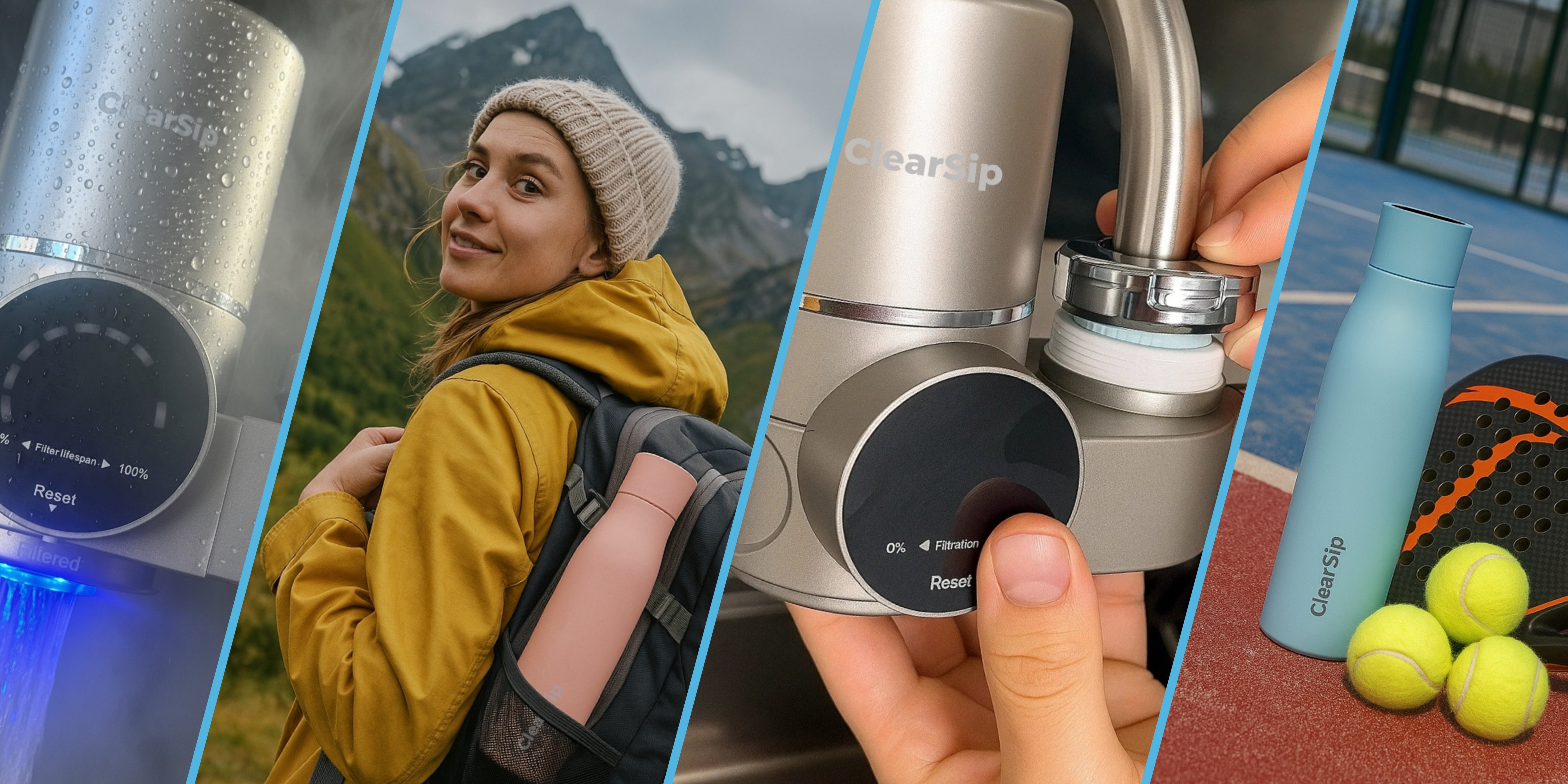 ClearSip slimme waterfles en kraanfilter in gebruik voor thuis, op reis en tijdens sportmomenten