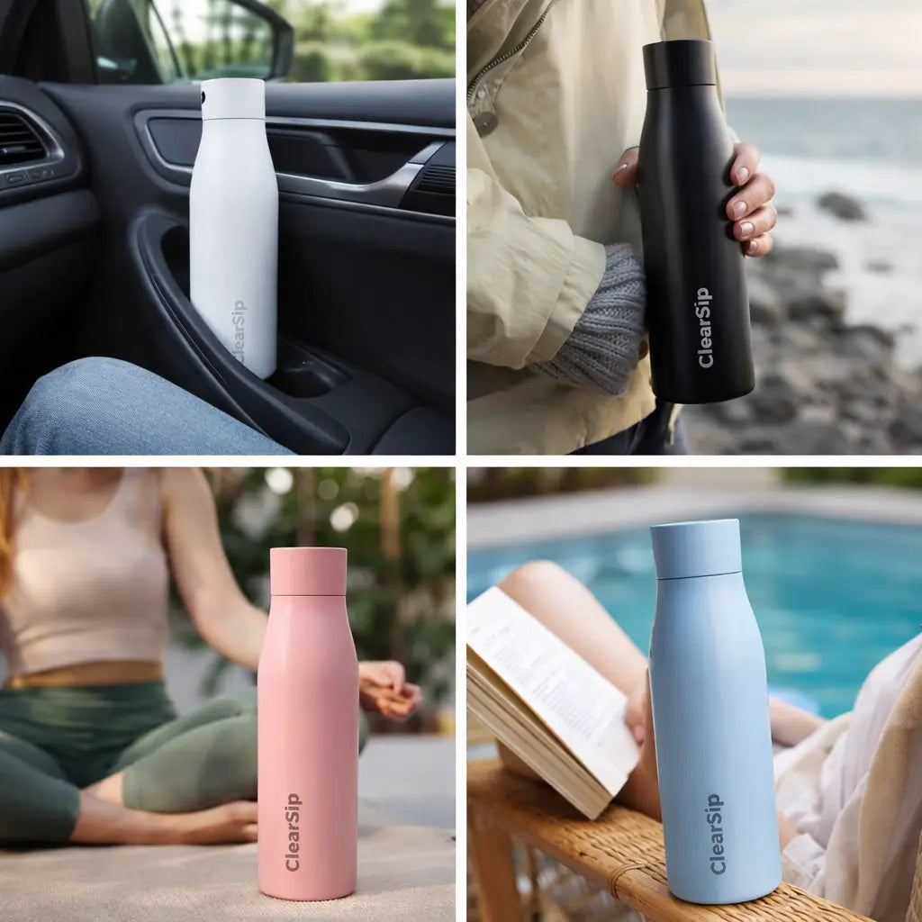 Vier stijlvolle ClearSip slimme waterflessen met UV-C sterilisatie, perfect voor onderweg, sporten of ontspannen thuis – duurzaam, herbruikbaar en BPA-vrij.