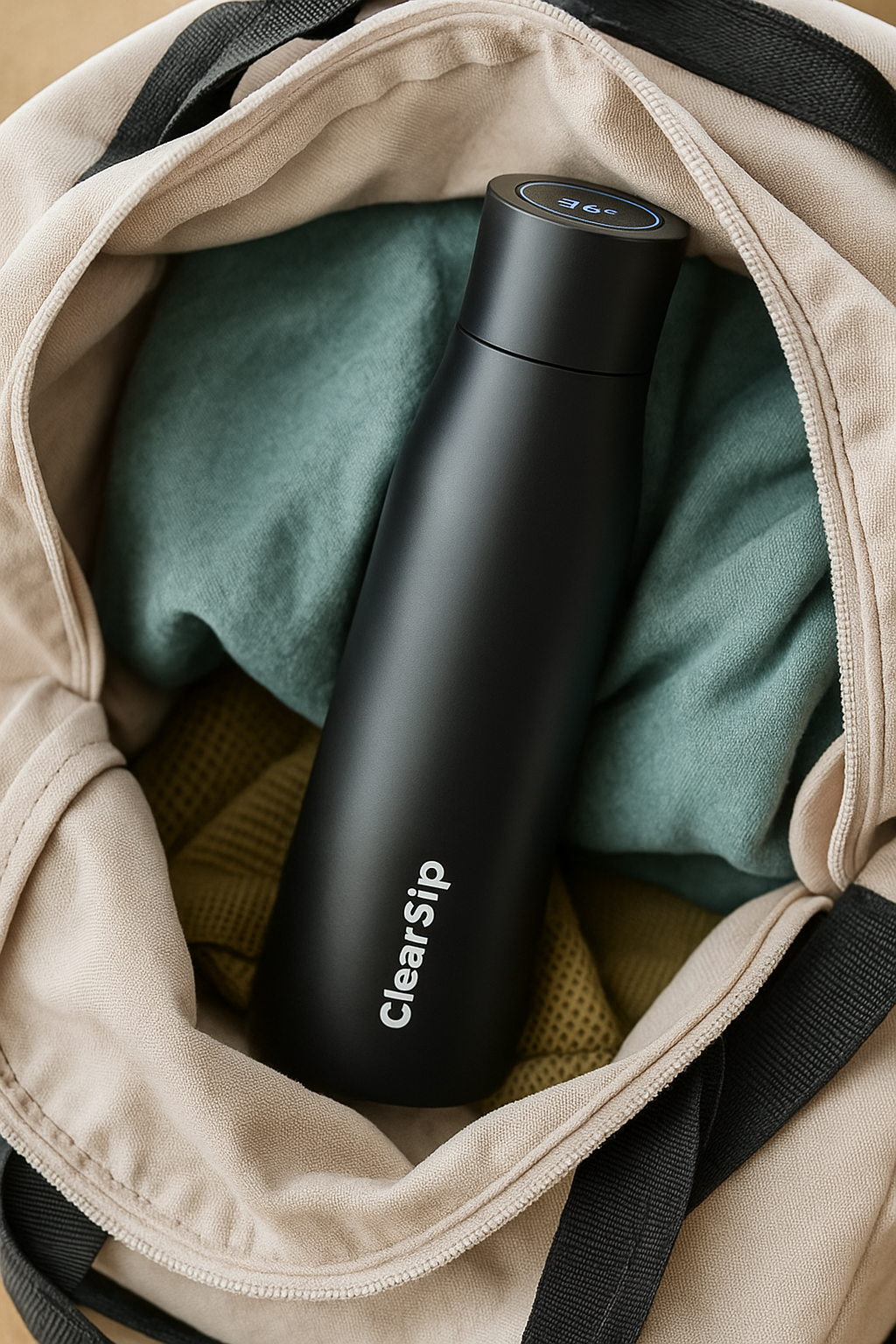 Zwarte ClearSip slimme waterfles met temperatuurweergave in sporttas, ideaal voor onderweg en fitness