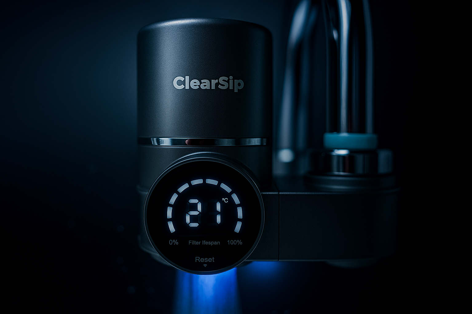 ClearSip 8-laags UV kraanfilter met LED-display gemonteerd op keukenkraan