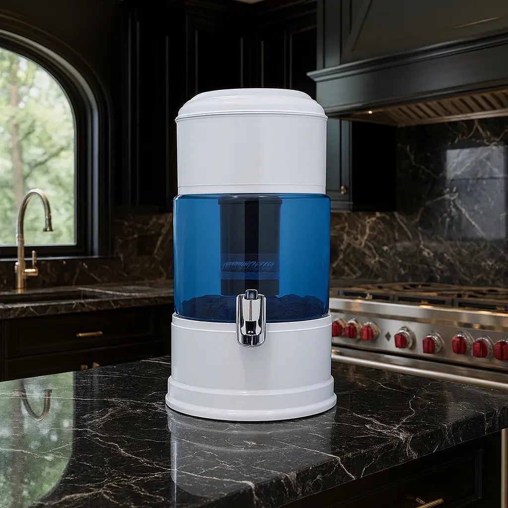 ClearSip waterfilter dispenser op aanrecht in luxe keuken als oplossing voor zuiver drinkwater zonder wegwerpplastic