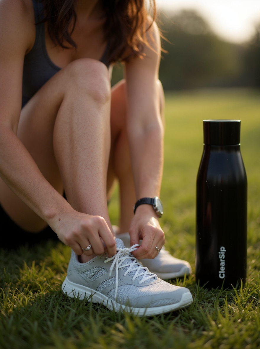 Sportieve vrouw strikt veters naast zwarte ClearSip waterfles in het gras