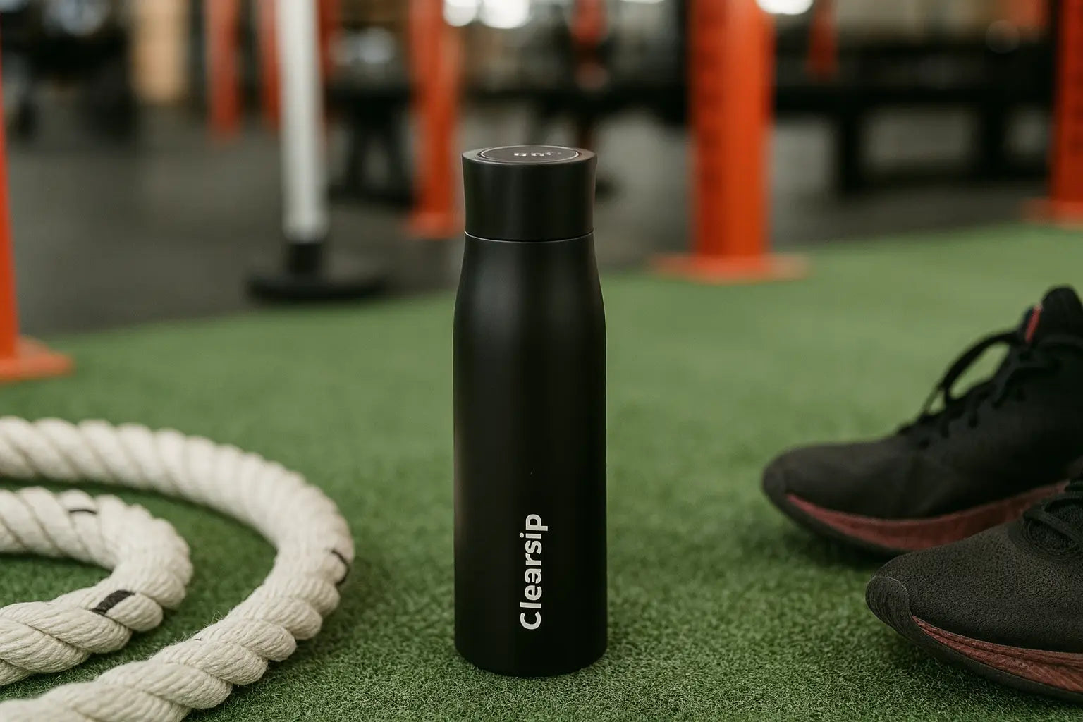 Zwarte herbruikbare ClearSip waterfles op sportvloer naast springtouw en sportschoenen