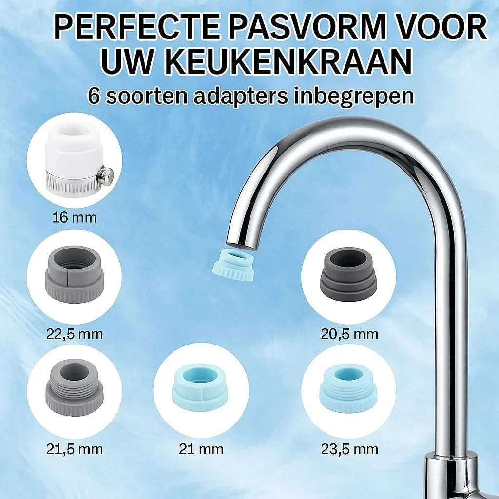 Waterfilterkraan met 6 adapters – past op elke keukenkraan. Verschillende maten van 16 tot 23,5 mm voor perfecte aansluiting, eenvoudig te monteren.