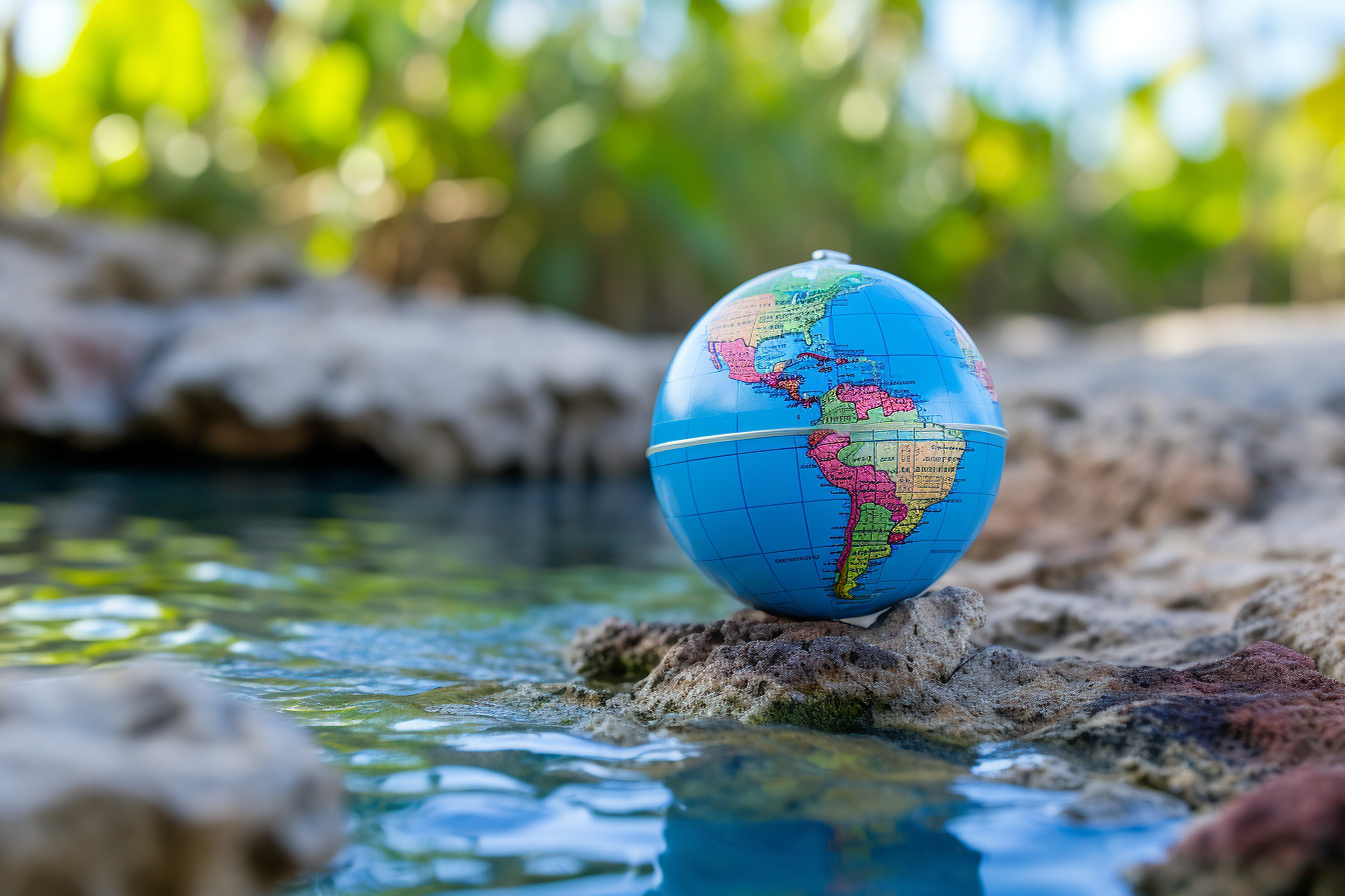 Wereldbol bij helder water op rotsen, symbool voor duurzaamheid, natuur en wereldwijde waterbescherming