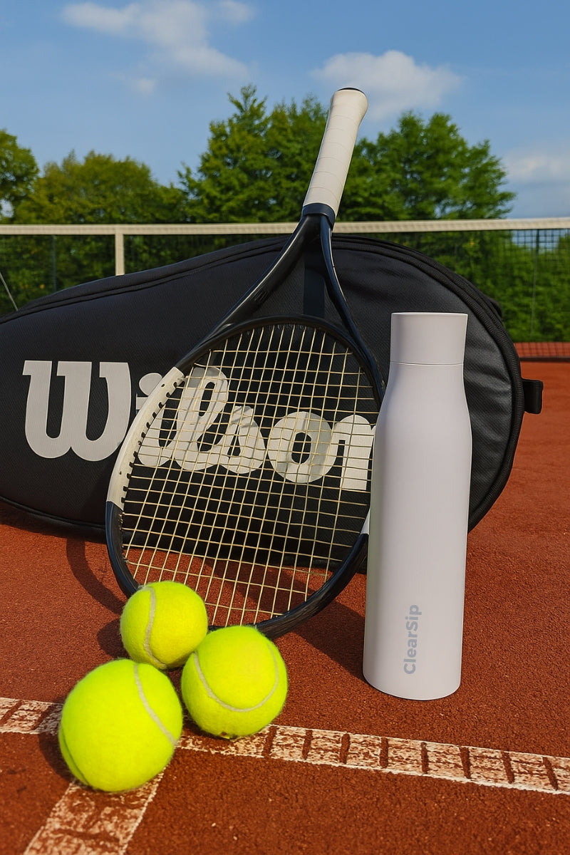 Sneeuwwitte ClearSip waterfles op gravel tennisbaan naast Wilson racket, tas en tennisballen, perfecte zelfreinigende drinkfles voor tennissers en sporters.