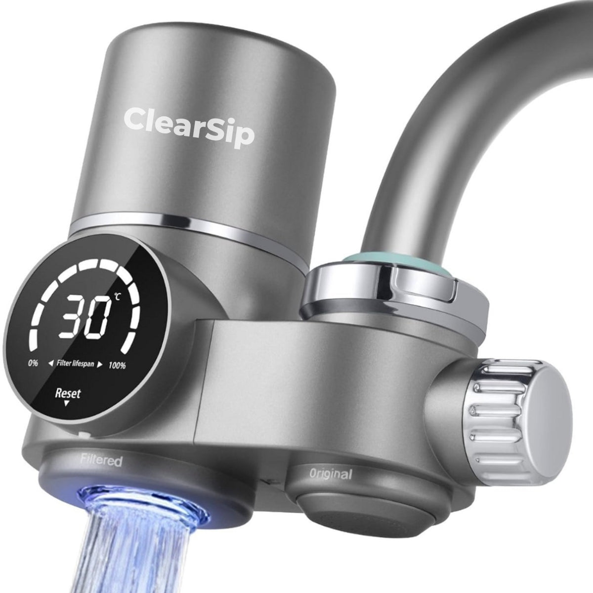 Afbeelding van de ClearSip digitale kraanwaterfilter met geïntegreerde temperatuurweergave, filterlevensduurindicator, LED-verlichting en draaiknop voor schakelen tussen gefilterd en ongefilterd water.