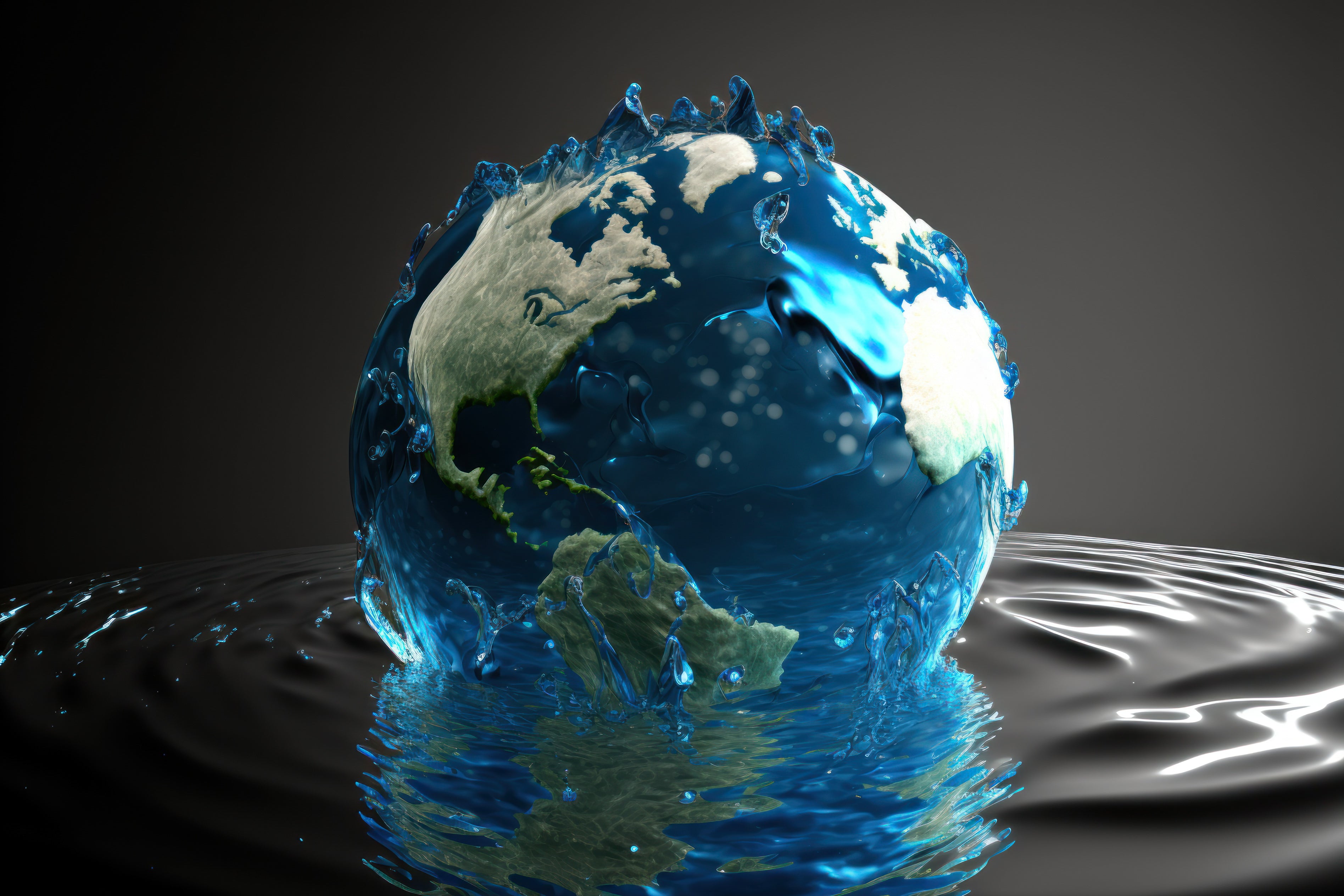3D-illustratie van de aarde gemaakt van water, symbool voor duurzaamheid, klimaat en het belang van waterbehoud.