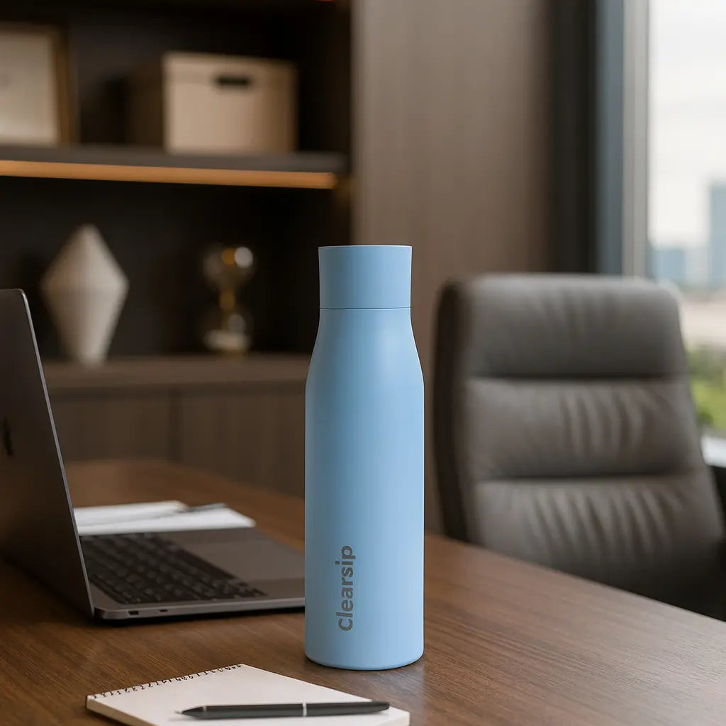Blauwe ClearSip drinkfles op bureau naast laptop in kantoor als herbruikbare waterfles voor werk en zuiver water thuis en onderweg