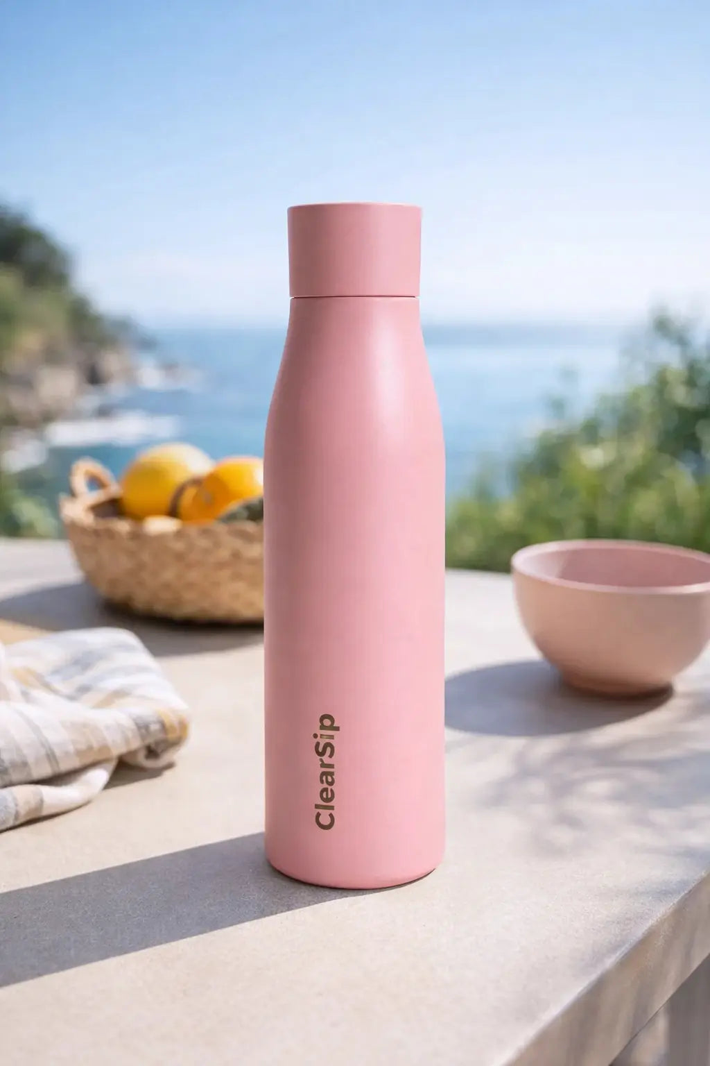 Roze ClearSip slimme waterfles met UV-C zelfreinigende technologie op een buitenlocatie, perfect voor hygiënisch en fris drinkwater zonder chemicaliën.