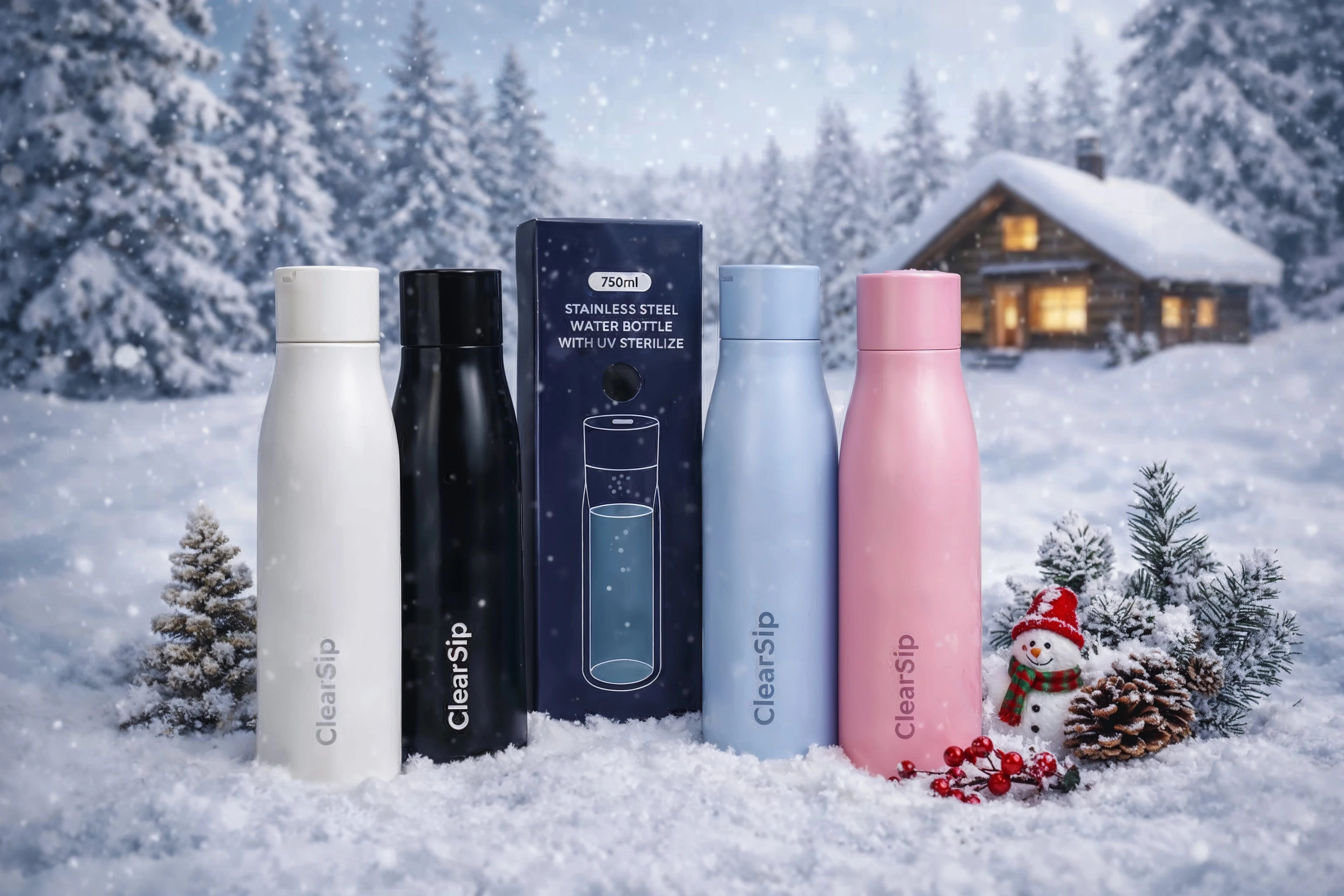 Vier ClearSip roestvrijstalen waterflessen met UV-sterilisatie in witte, zwarte, lichtblauwe en roze kleuren, gepresenteerd in een winterlandschap met sneeuw, kerstdecoratie en een houten blokhut op de achtergrond.
