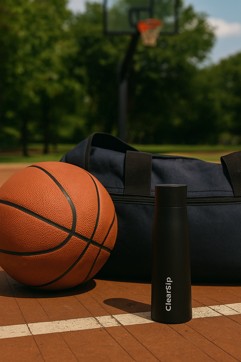 ClearSip slimme UV-C zelfreinigende waterfles matzwart naast sporttas en basketbal – voorkomt bacteriën