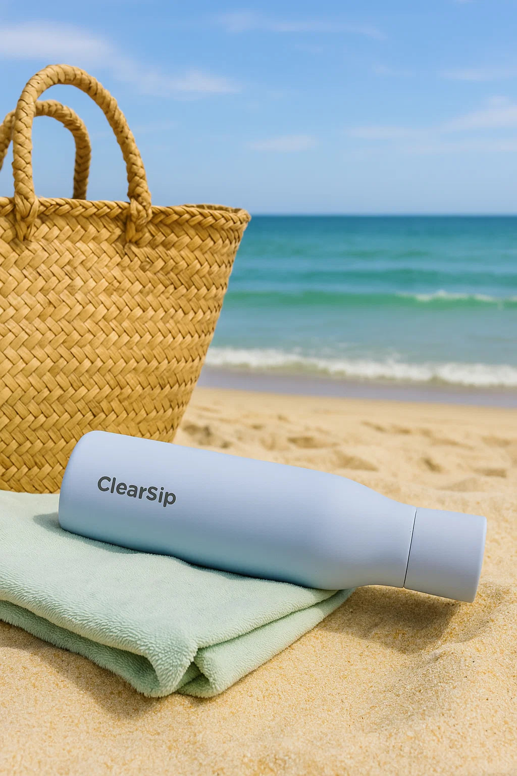 ClearSip slimme UV-C zelfreinigende waterfles pastelblauw op het strand met handdoek – houdt water tot 24 uur koud