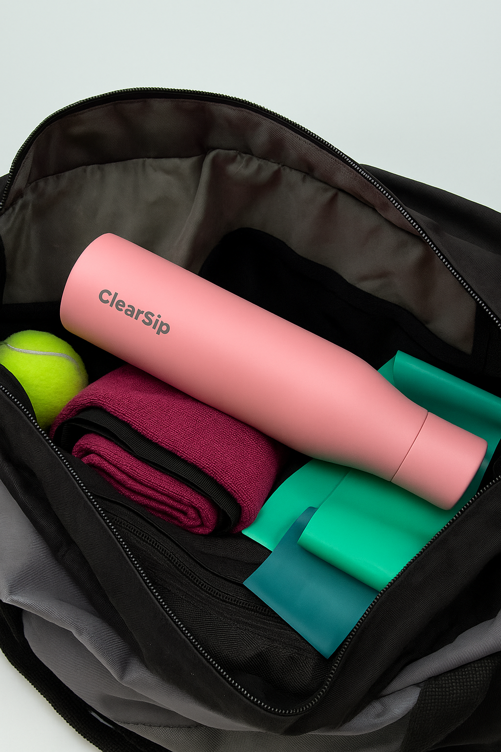 ClearSip slimme UV-C waterfles zachtroze in sporttas – BPA-vrij, lekvrij en zelfreinigend
