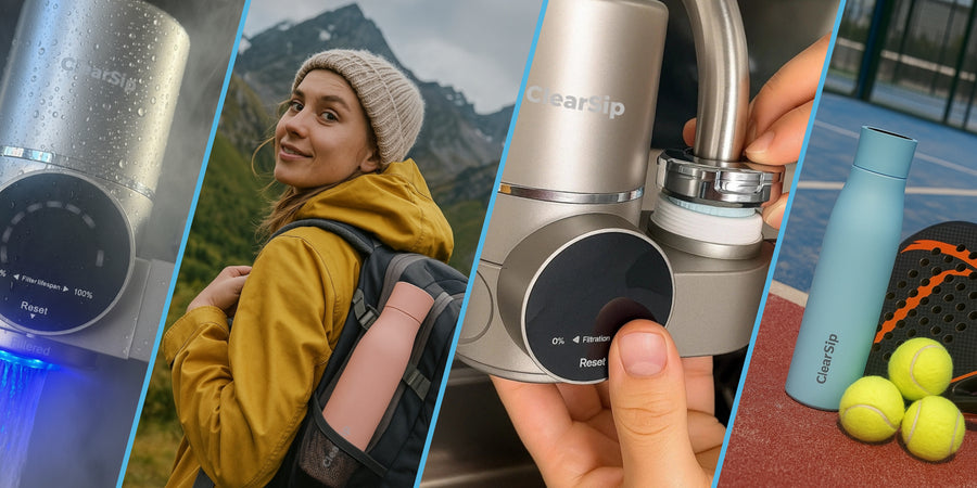 ClearSip slimme waterfles en kraanfilter in gebruik voor thuis, op reis en tijdens sportmomenten