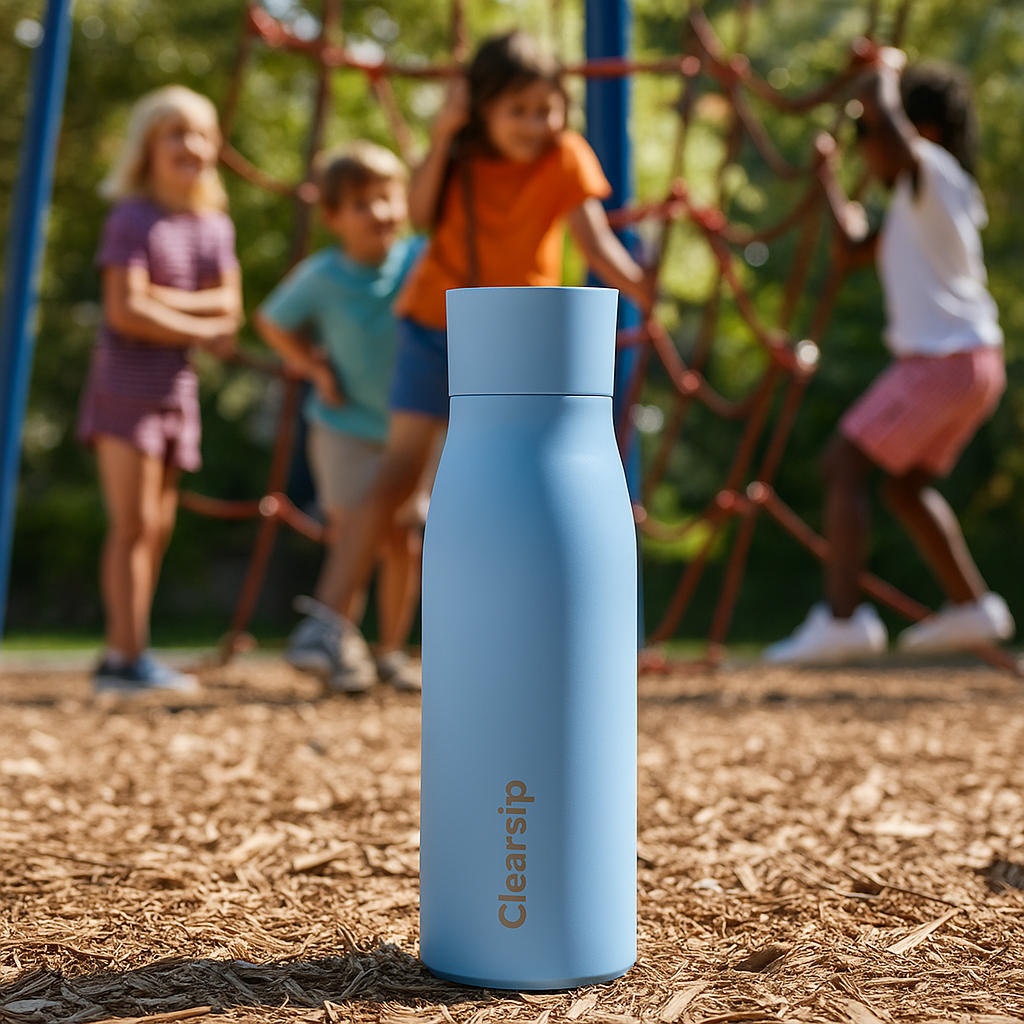 Kinderen spelen buiten met ClearSip slimme waterfles in pastelblauw voor gezonde hydratatie