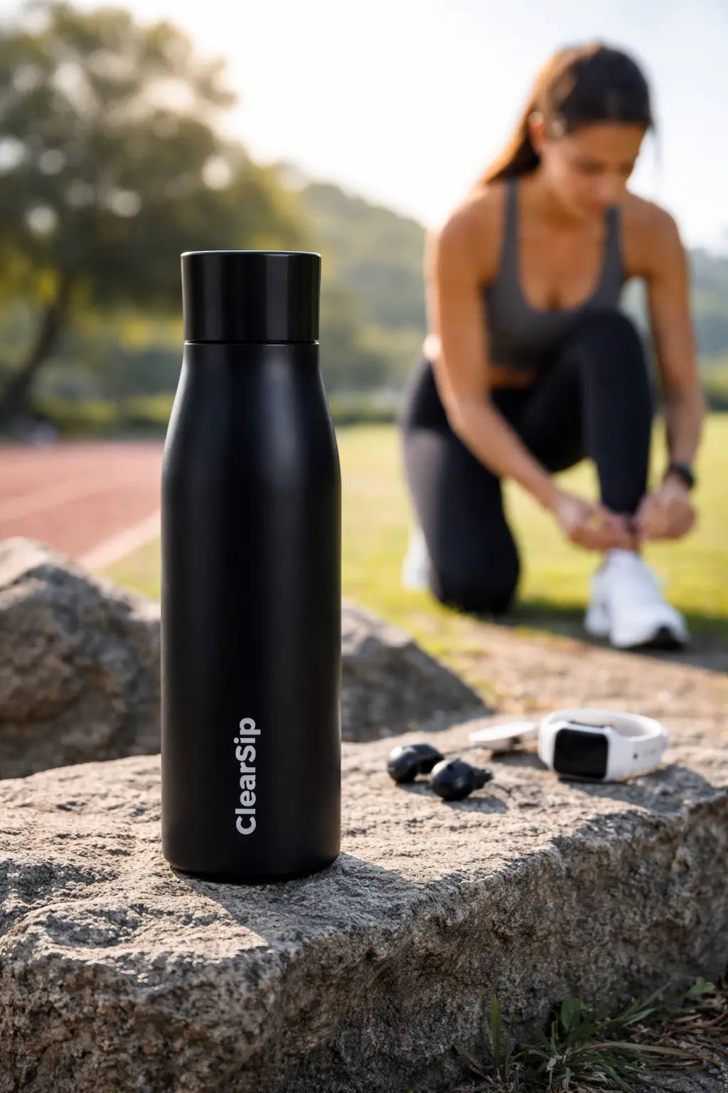 Zwarte slimme waterfles van Clearsip op een steen naast sportaccessoires, ideaal voor sporters dankzij UV-C waterzuivering en hydratatieherinneringen