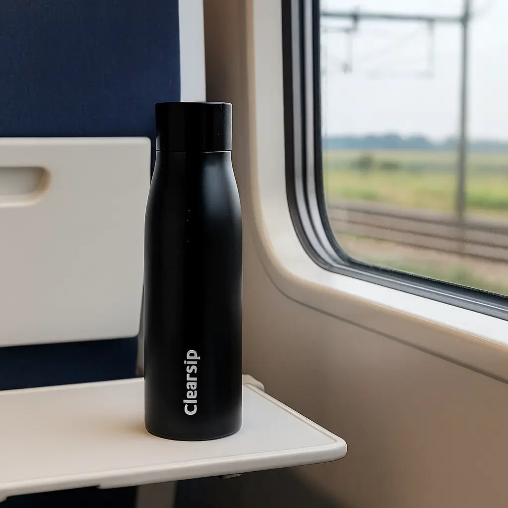 Zwarte herbruikbare ClearSip waterfles op tafeltje in de trein als duurzame drinkfles voor onderweg