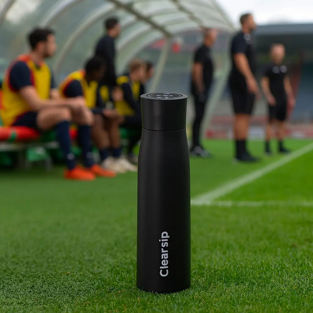 Zwarte ClearSip drinkfles op de rand van een voetbalveld als herbruikbare waterfles voor sport en zuiver water onderweg