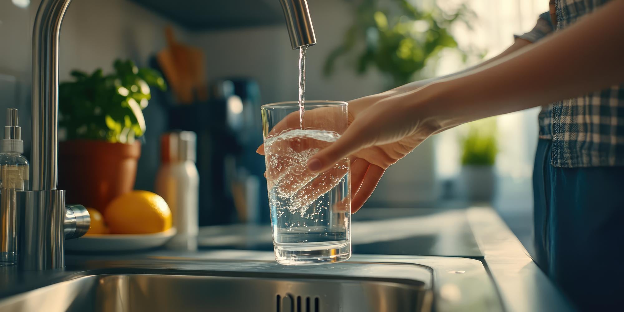 Vrouw vult glas met gefilterd kraanwater in keuken met zonlicht – waterfilter voor kraanwater voor zuiver drinkwater thuis
