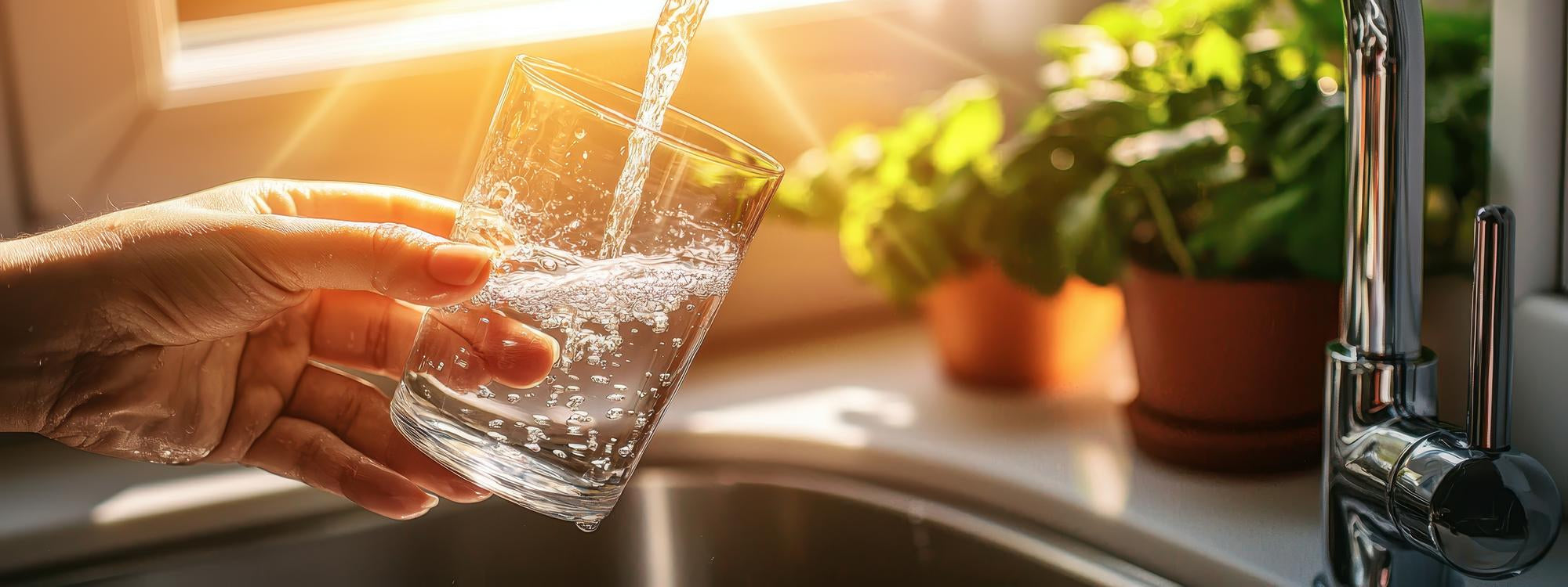 Hand vult glas met helder, gefilterd kraanwater bij moderne keukenkraan – schoon drinkwater dankzij waterfilter voor de kraan