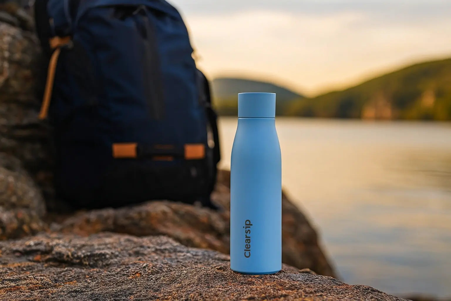 pastelblauwe herbruikbare ClearSip drinkfles op een rots bij het water naast een rugzak tijdens een outdoor trip
