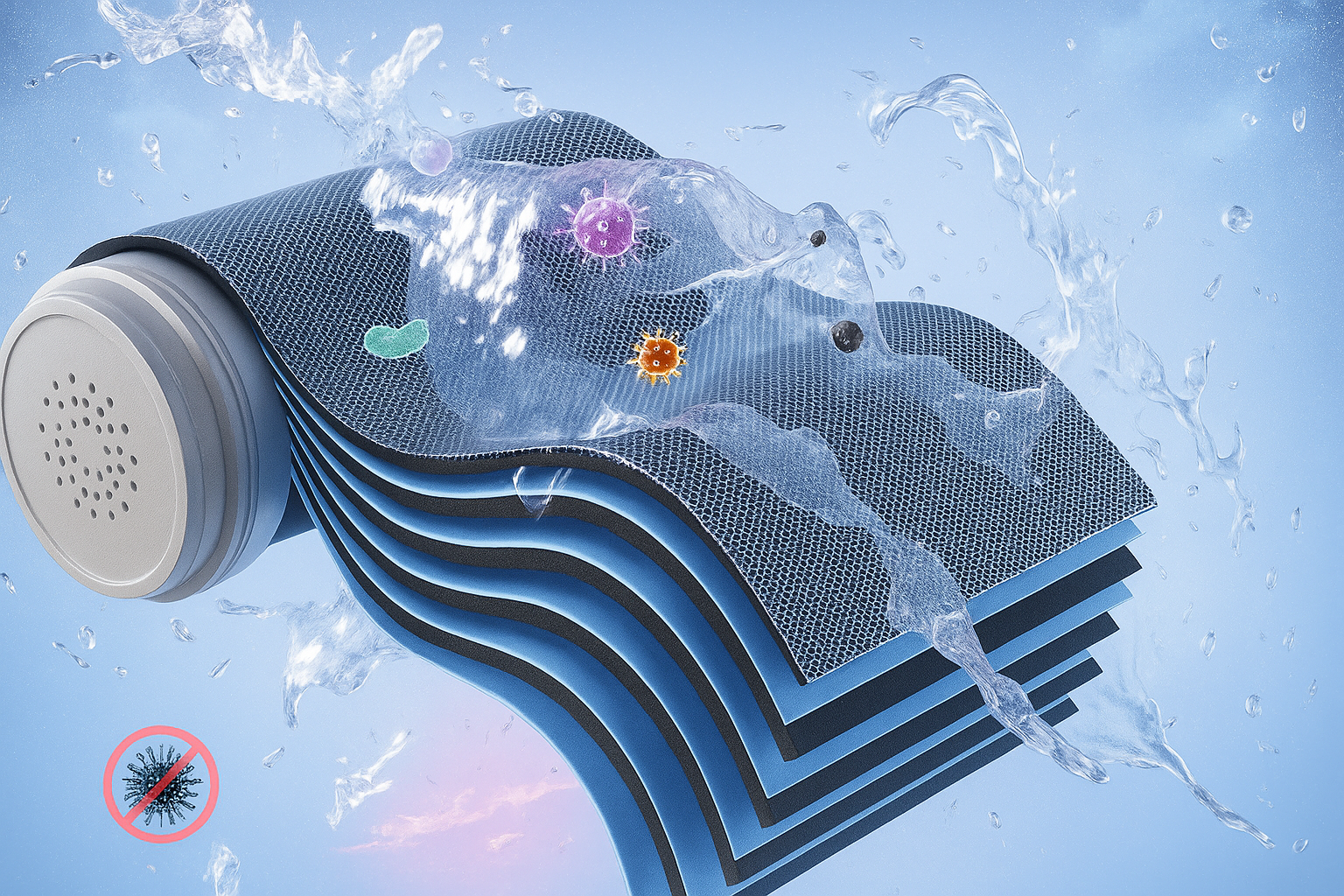 Visualisatie van 8-laagse filtratie in kraanwaterfilter die bacteriën, micro-organismen en verontreinigingen uit water verwijdert 