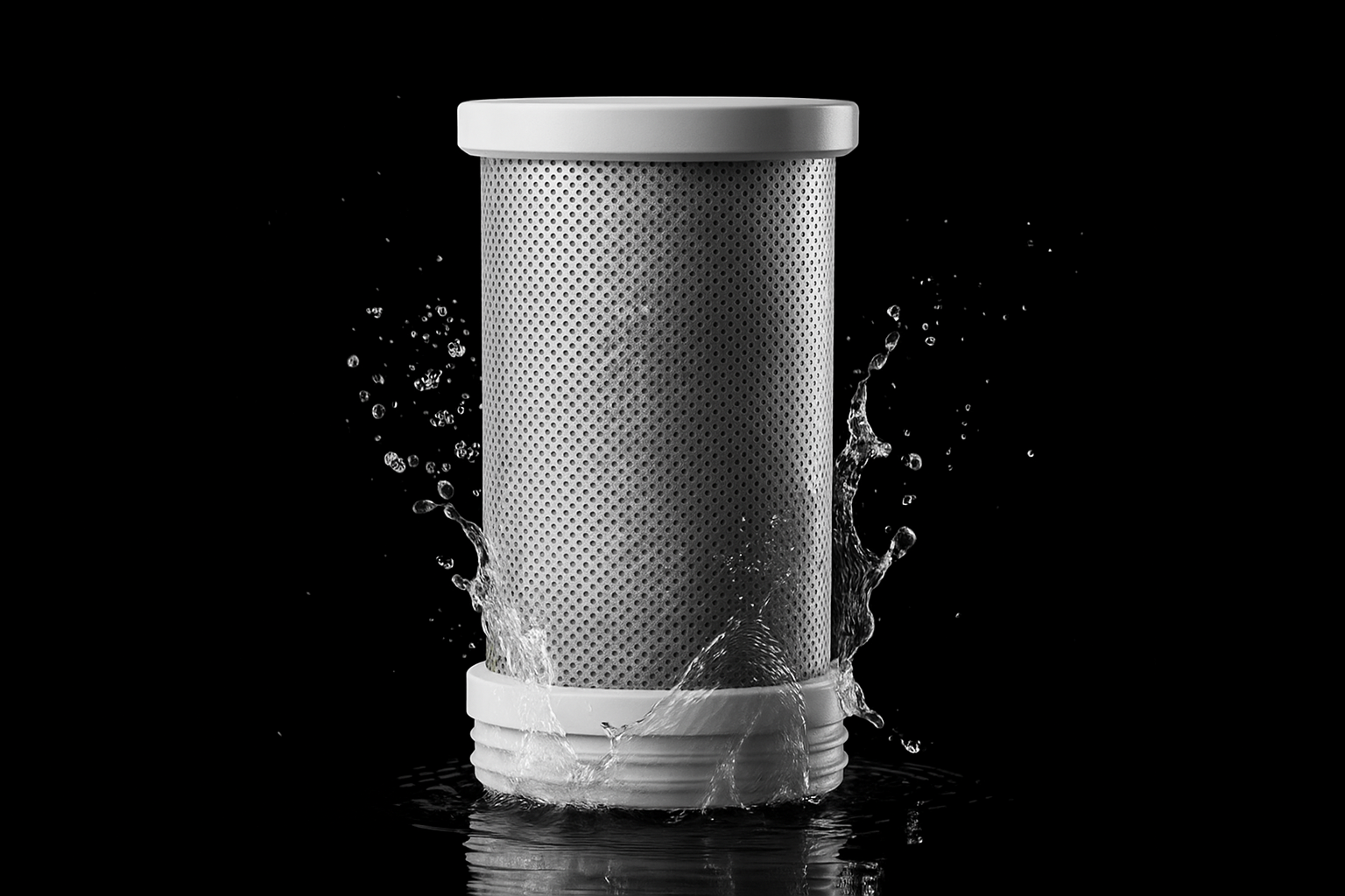 Waterfilterelement met waterdruppels als symbool voor zuivering