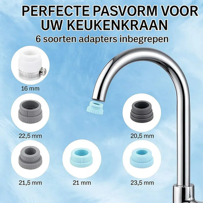 Waterfilterkraan met 6 adapters – past op elke keukenkraan. Verschillende maten van 16 tot 23,5 mm voor perfecte aansluiting, eenvoudig te monteren.